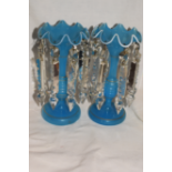 Pair Of Victorian Turquoise Blue Glass Lustre Posy Vases