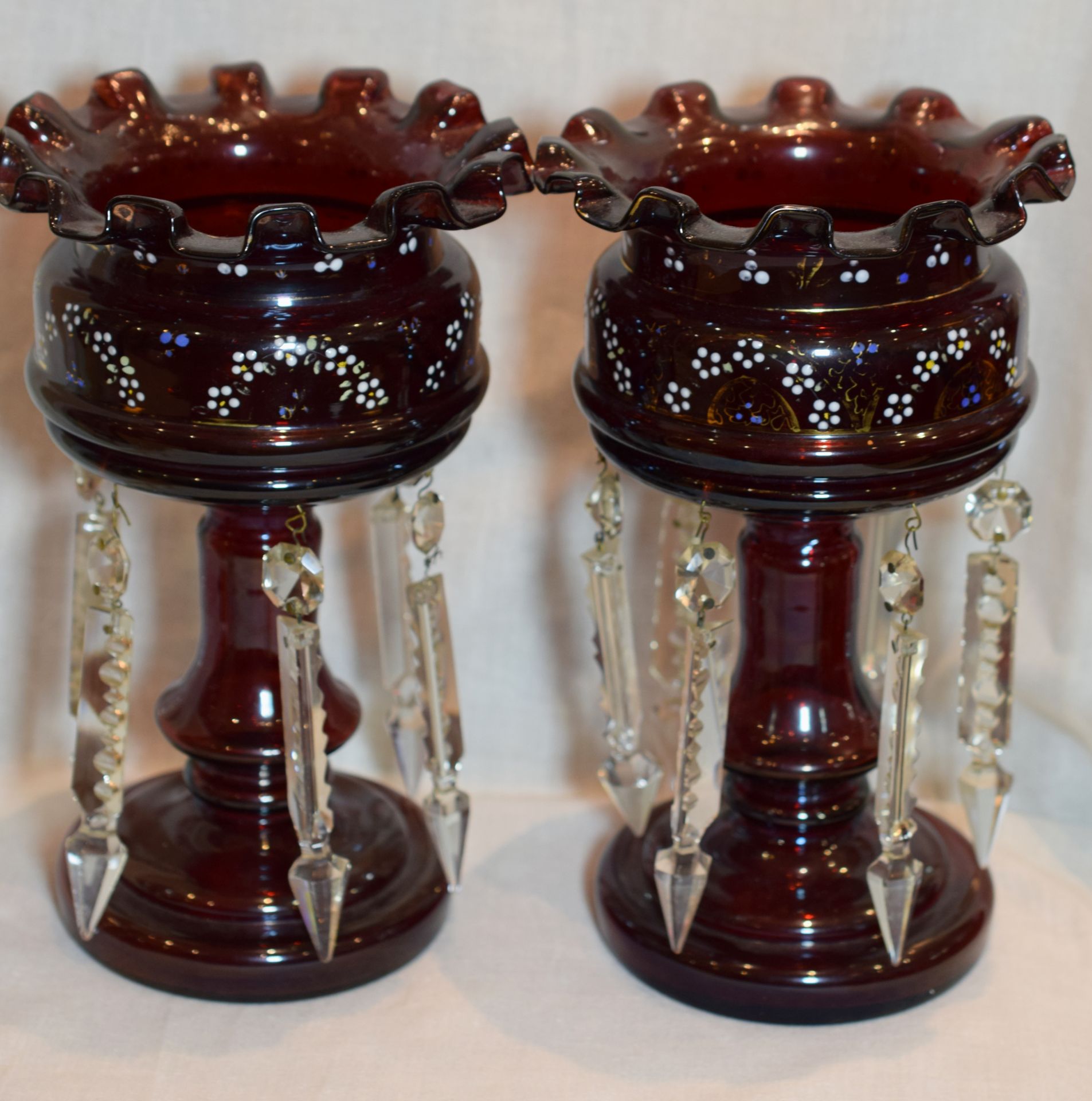 Pair Of Victorian Ruby Glass Lustre Posy Vases