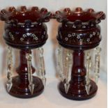 Pair Of Victorian Ruby Glass Lustre Posy Vases