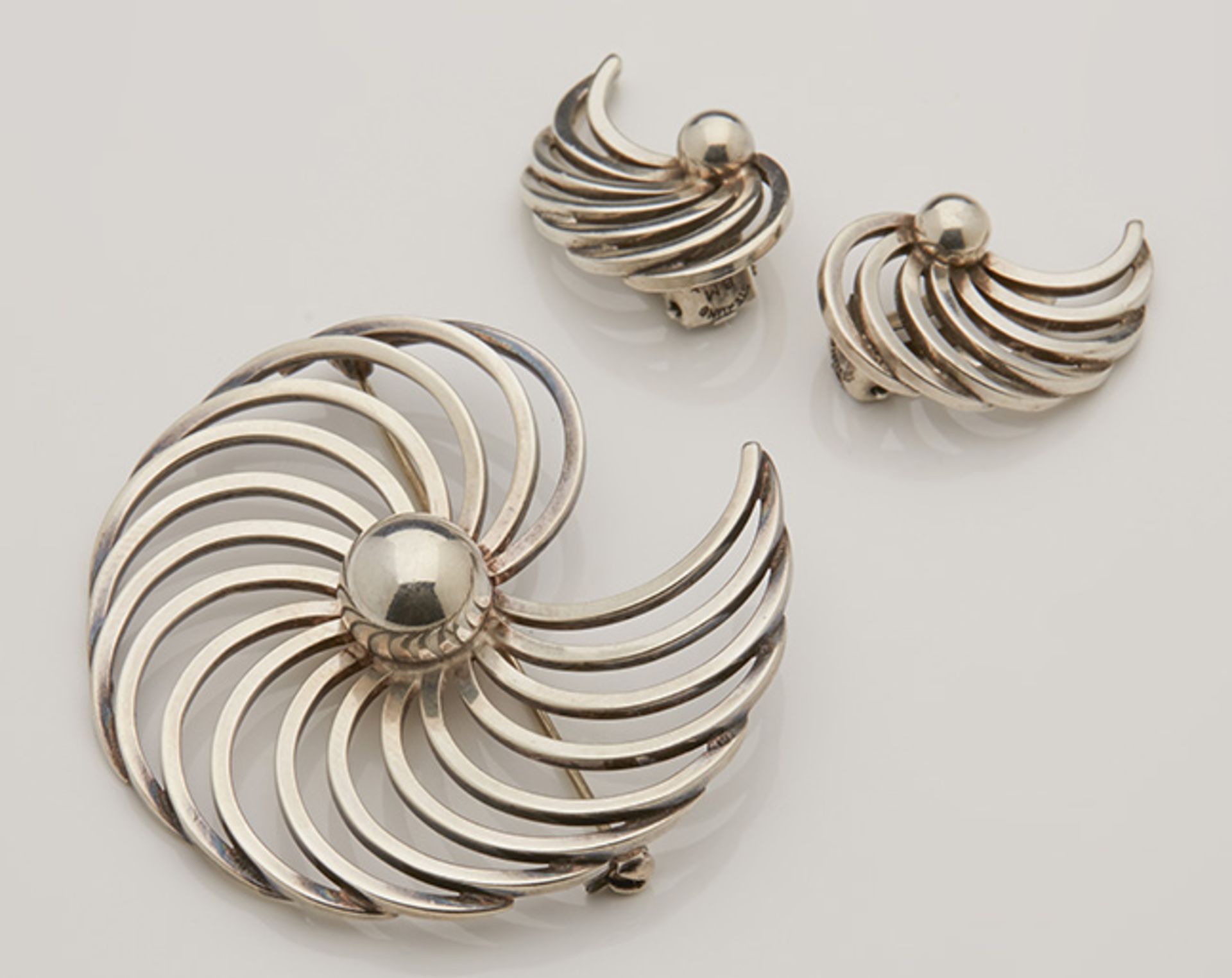 STYLISH MODERNIST DANISH SILVER BROOCH EARRING SET BY B MARGOSSIAN