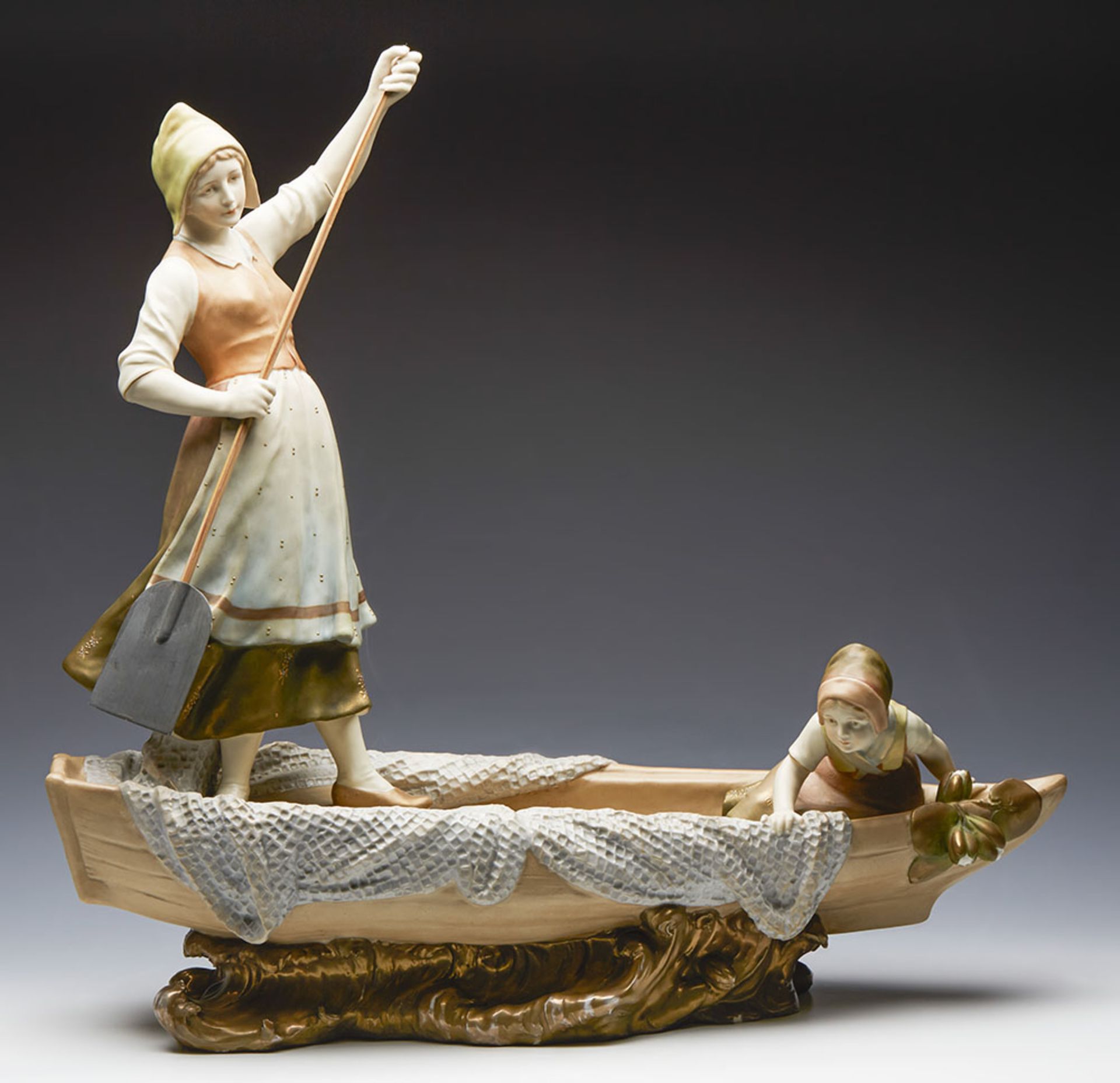 LARGE ANTIQUE ROYAL VIENNA MOTHER & CHILD ON FISHING BOAT FIGURE C.1895