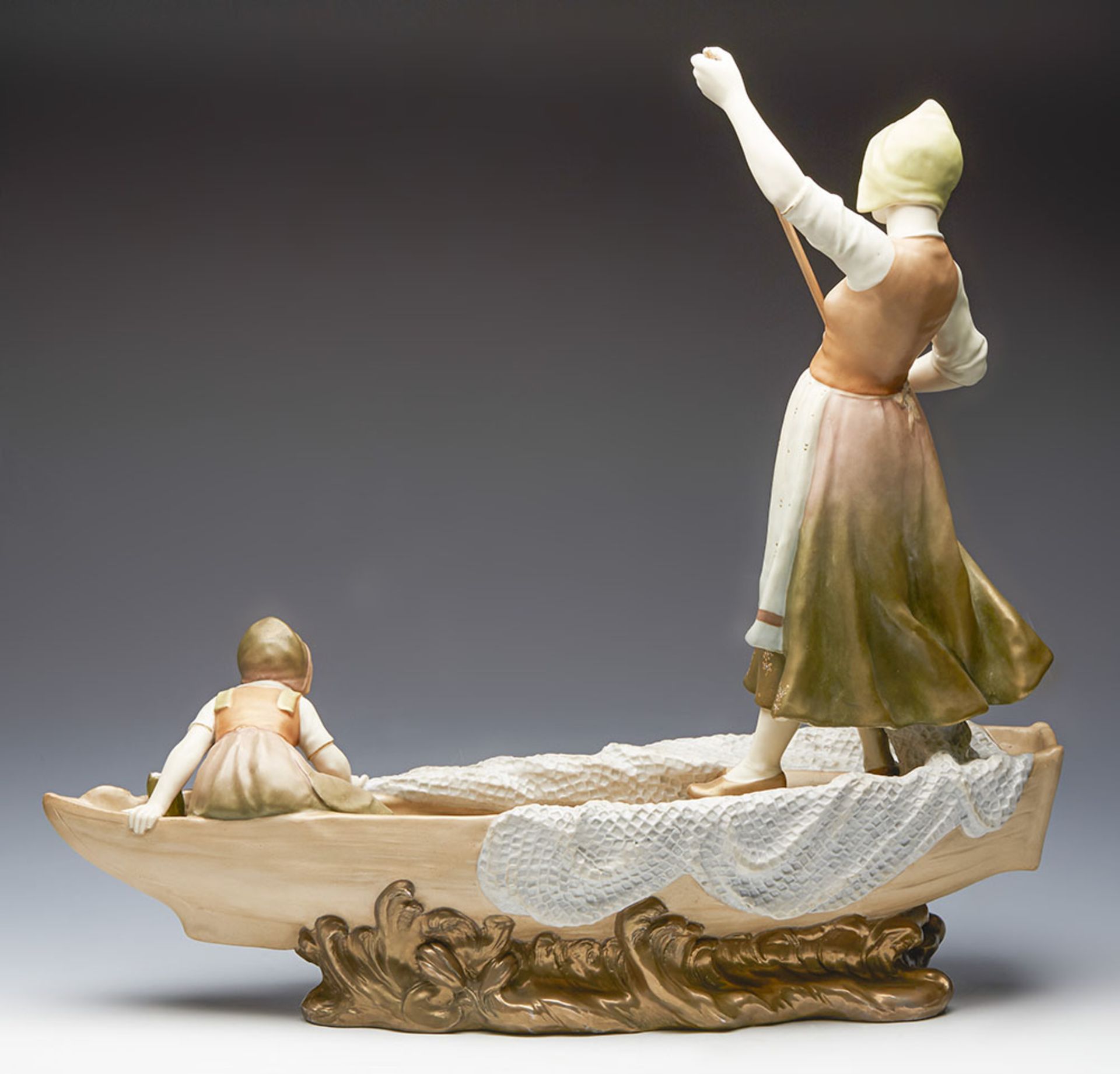 LARGE ANTIQUE ROYAL VIENNA MOTHER & CHILD ON FISHING BOAT FIGURE C.1895 - Image 19 of 19