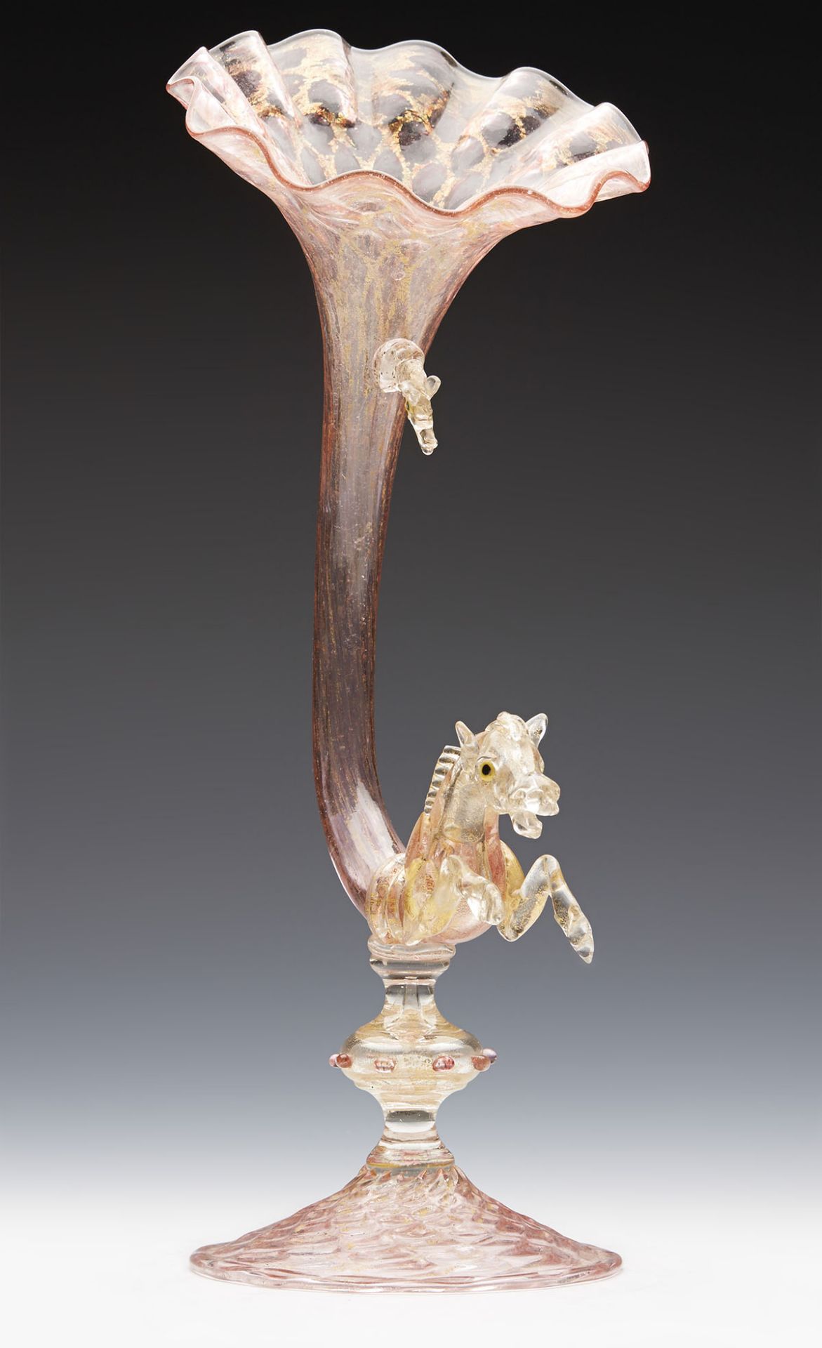 Antique Venetian Trumpet Glass Vase With Horse Heads Early 20Th C. - Image 5 of 10