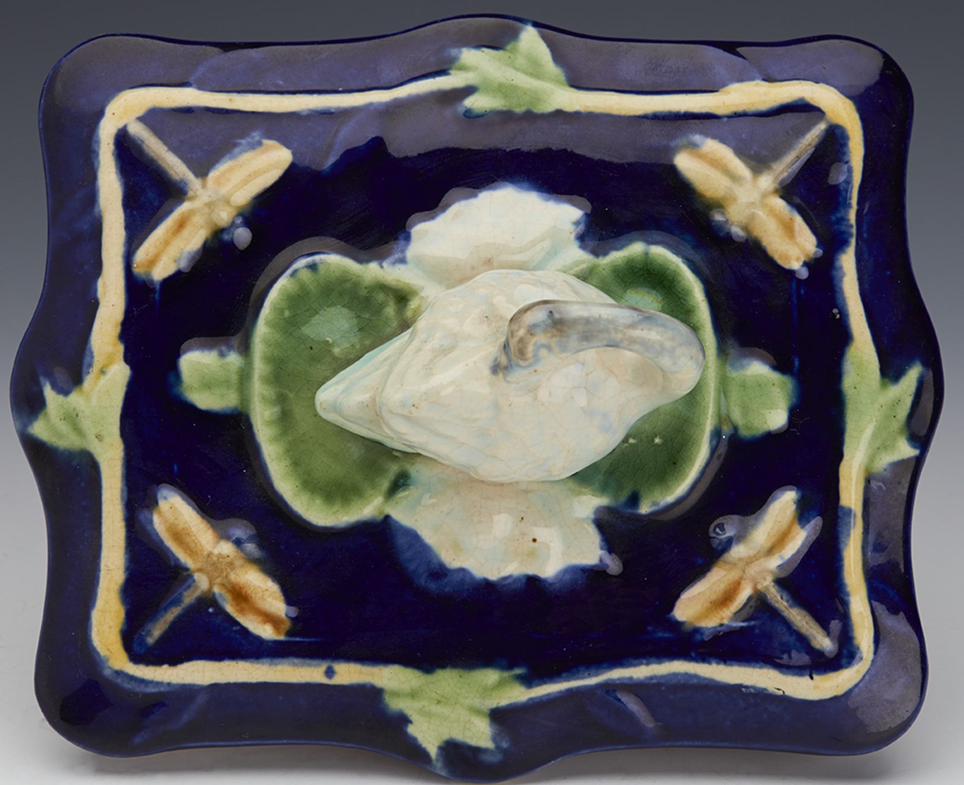 Antique English Majolica Sardine Dish With Swan And Dragonflies C.1865 - Image 2 of 10