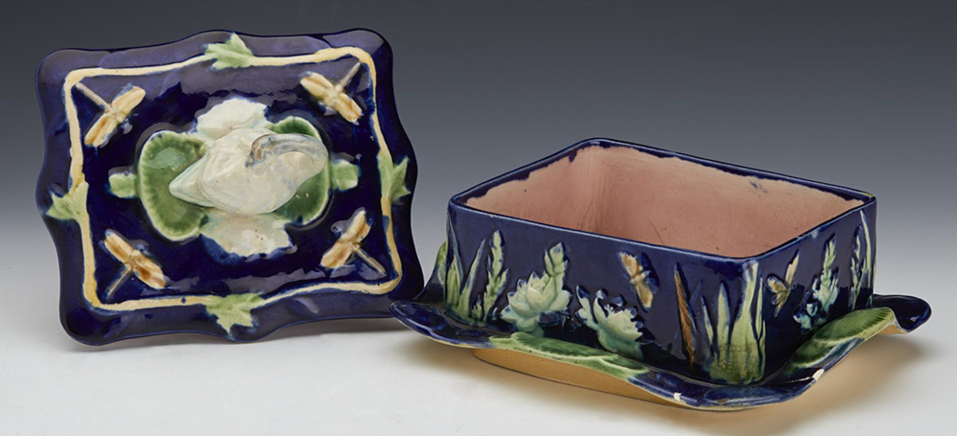 Antique English Majolica Sardine Dish With Swan And Dragonflies C.1865 - Image 5 of 10