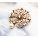 14k Yellow Gold 1.05ct Diamond & Pearl Brooch