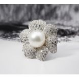 18k White Gold South Sea Pearl & 7.80ct Diamond Flower Ring