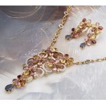 18k Yellow Gold Flower Cascade Tourmaline & Diamond Necklace & Earrings