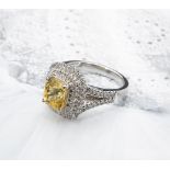 Platinum Cushion Cut 3.56ct Yellow Sapphire & 0.85ct Diamond Ring