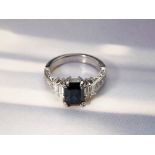 Platinum 3.03ct Emerald Cut Sapphire & 0.88ct Diamond Ring