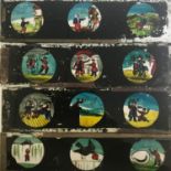 Four hand painted antique Magic Lantern slides depicting interesting scenes