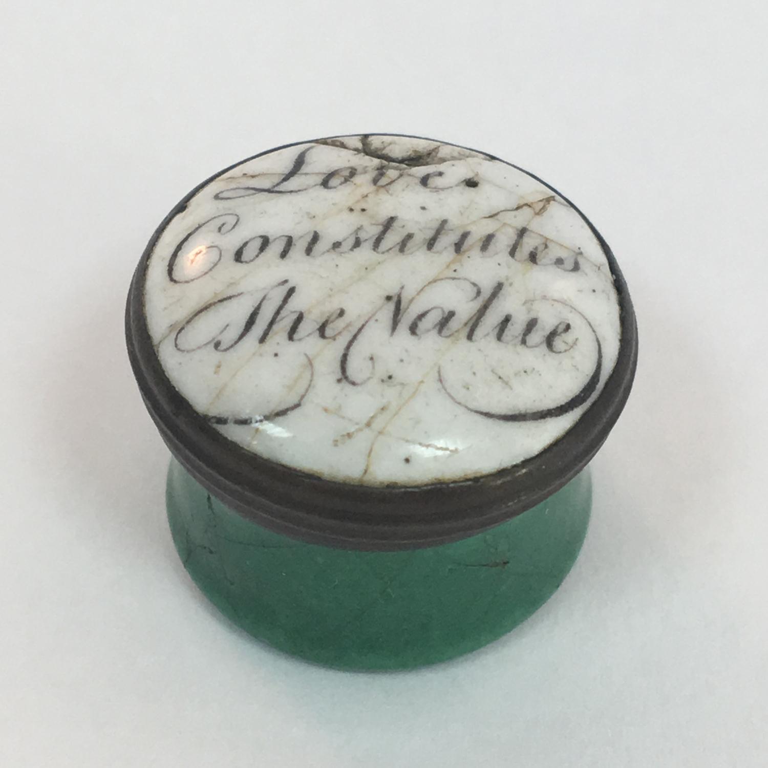 Antique small Bilston enamel patch box, the lid with inscription Love Constitutes The Value - c.