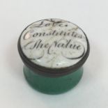 Antique small Bilston enamel patch box, the lid with inscription Love Constitutes The Value - c.