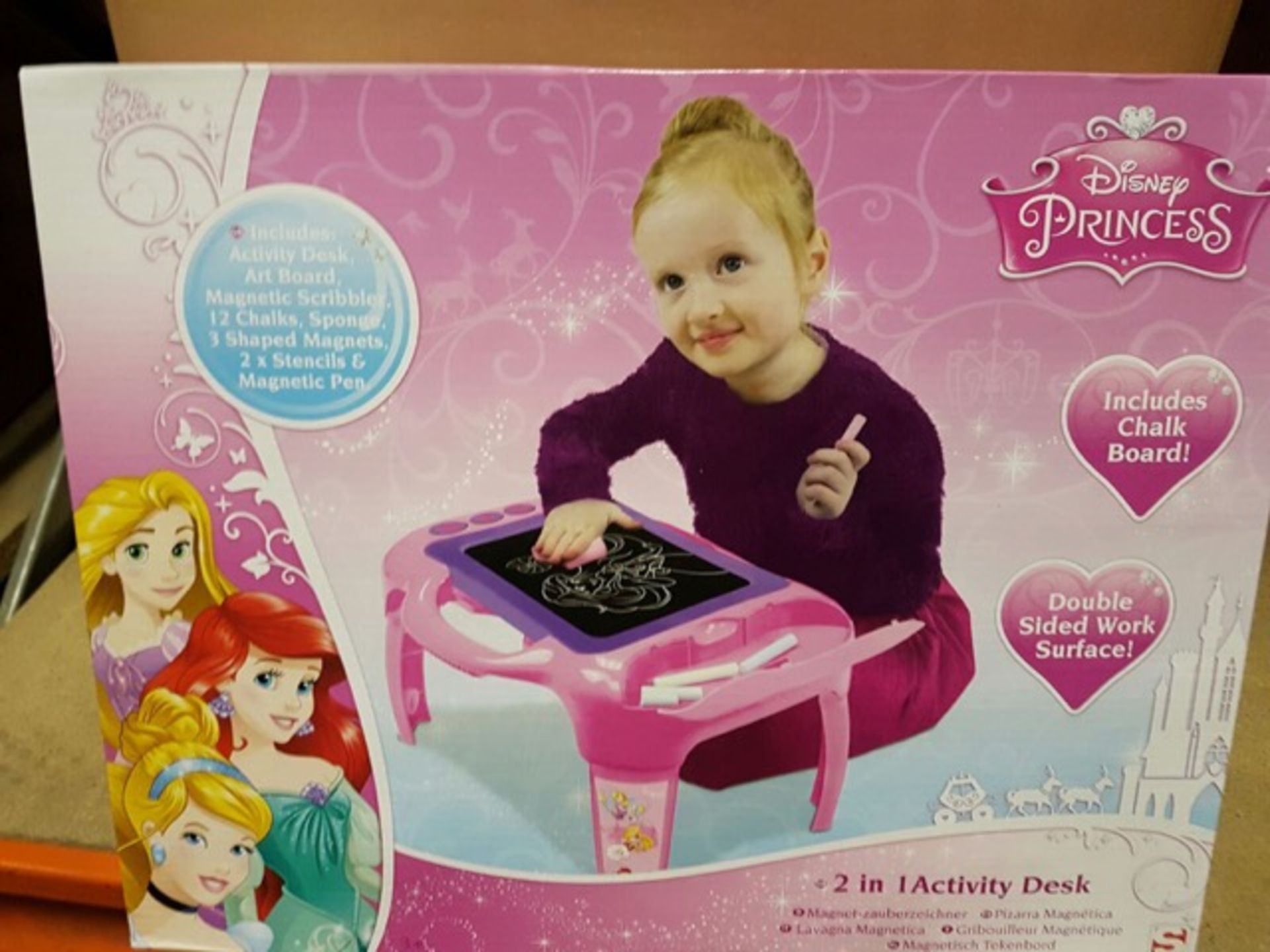 12 x Brand New Disney Princess 2 in 1 Activity Desks. Includes chalk board, double sided work