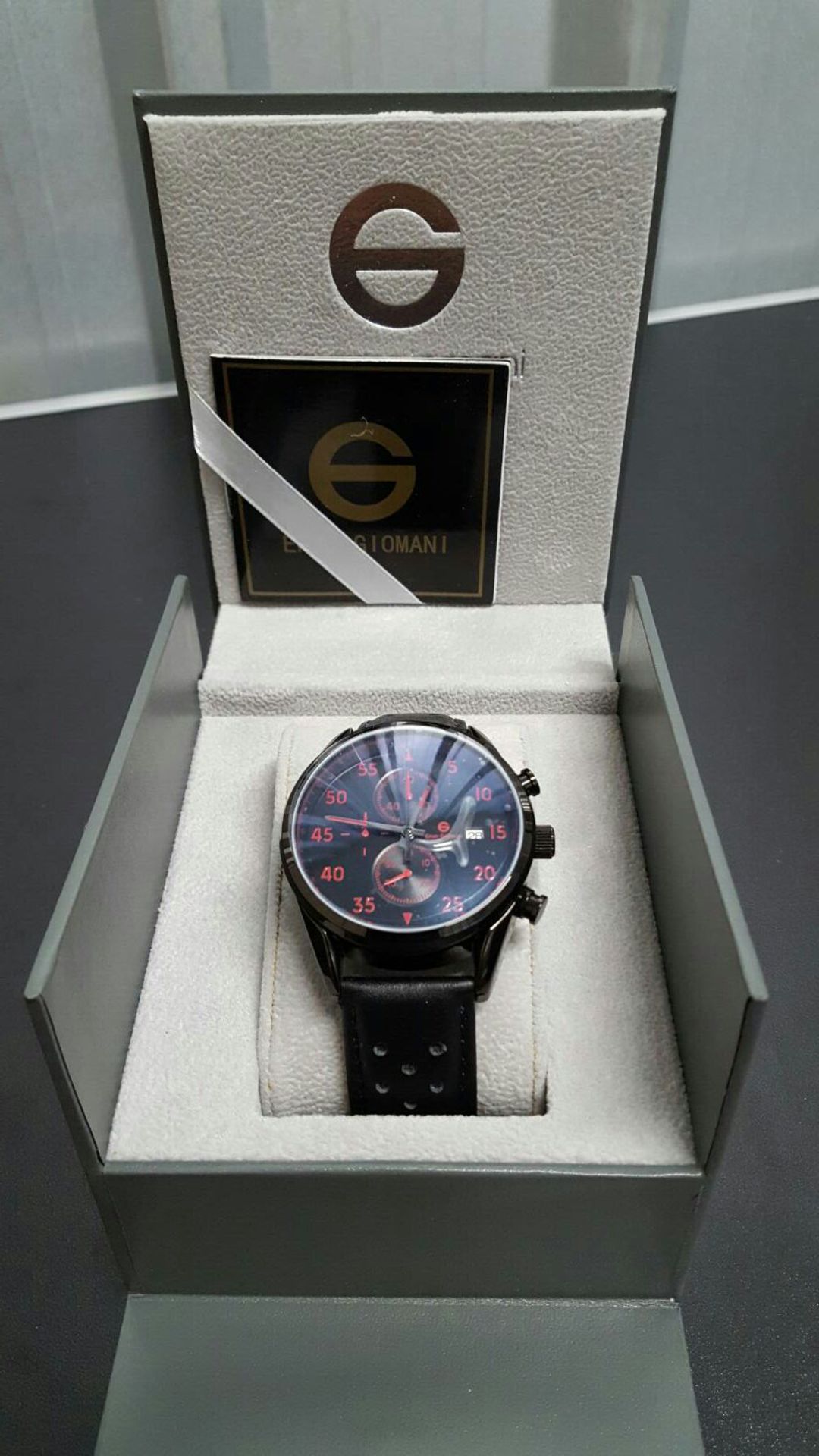 BRAND NEW ENZO GIOMANI EG0027, GENTS BLACK FACE, BLACK LEATHER STRAP CHRONOGRAPH WATCH, COMPLETE - Image 2 of 2