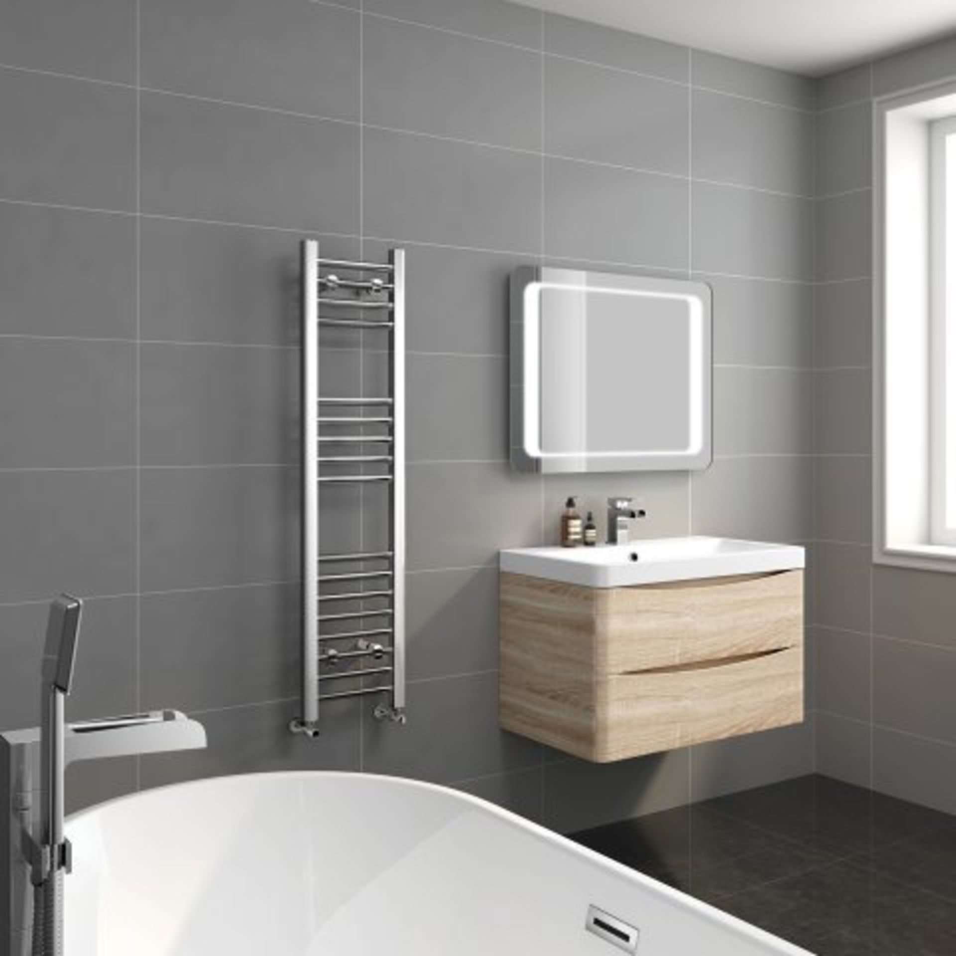 (A35) 1200x300mm - 20mm Tubes - Chrome Heated Straight Rail Ladder Towel Rail - Natasha Basic. - Image 4 of 4