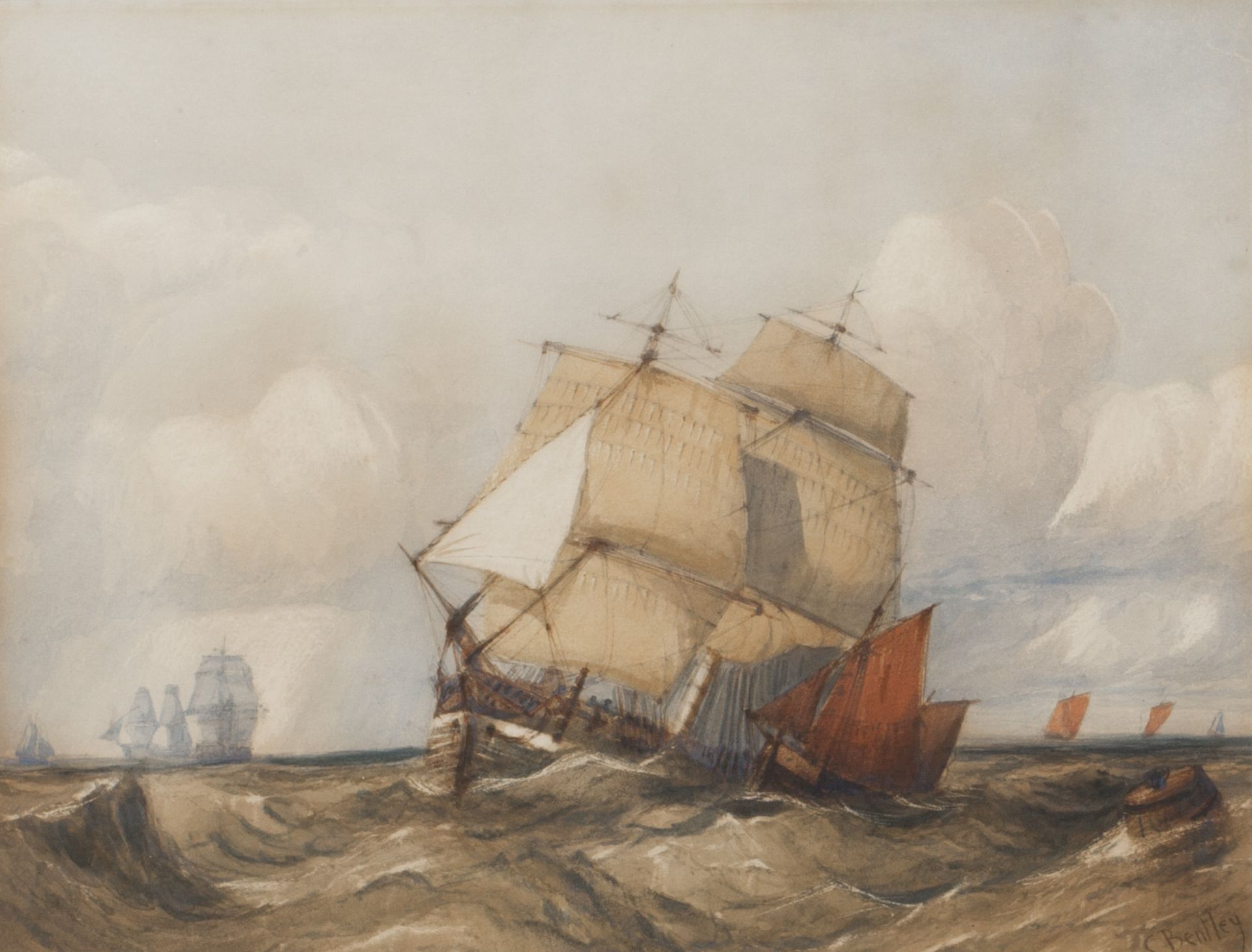 Original Charles Bentley 'ships In Rough Seas' Watercolour Early 19Th C. - FREE UK DELIVERY - Image 2 of 8