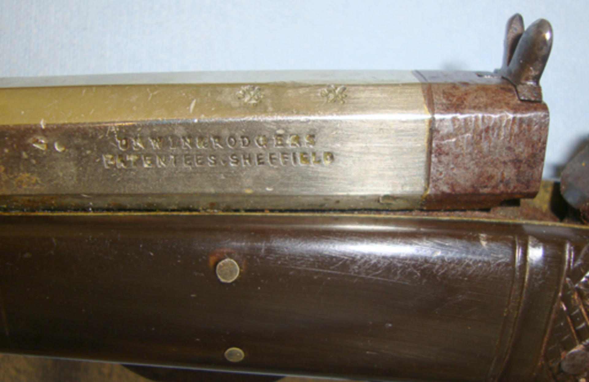 Quality, English, C1850's Unwin & Rodgers Patent 'NON* XLL' .25 Rim Fire Calibre knife Pistol - Image 3 of 3