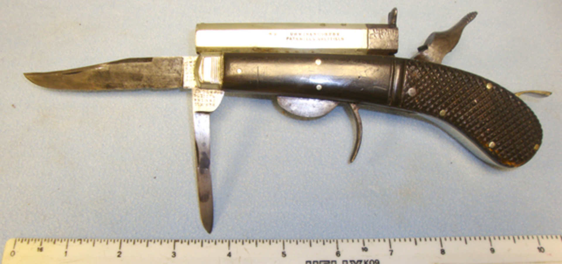 Quality, English, C1850's Unwin & Rodgers Patent 'NON* XLL' .25 Rim Fire Calibre knife Pistol - Image 2 of 3