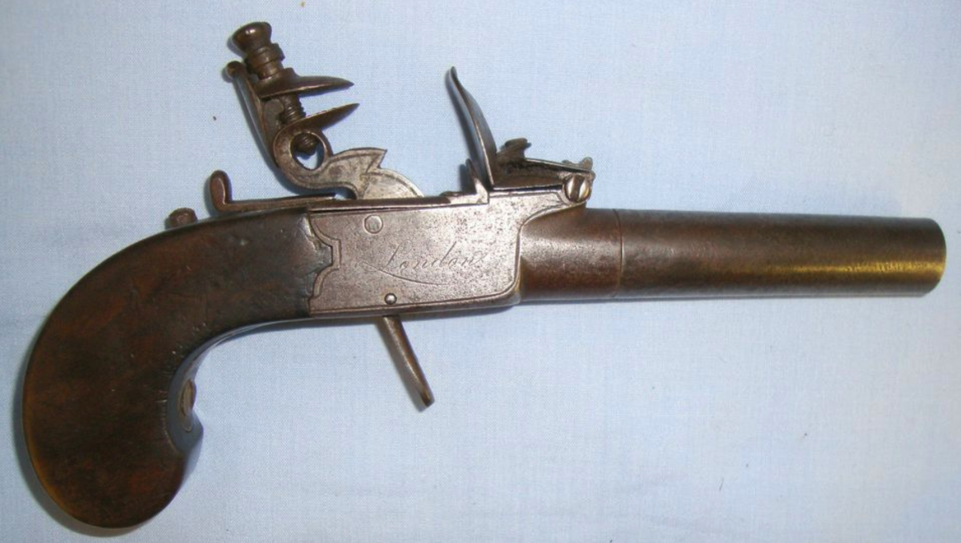 C1820 English, Steel Framed .38” Bore Flintlock Pocket Pistol With Screw Off Barrel