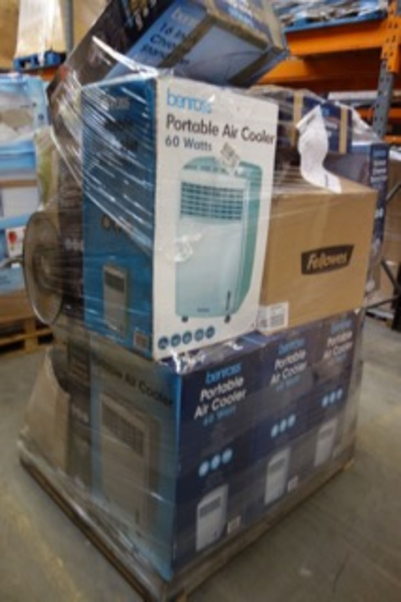 (NR22) PALLET CONTAINING APPROX 25 x ITEMS INCLUDING: PORTABLE AIR COOLER, 16 INCH CHROME STAND FAN.