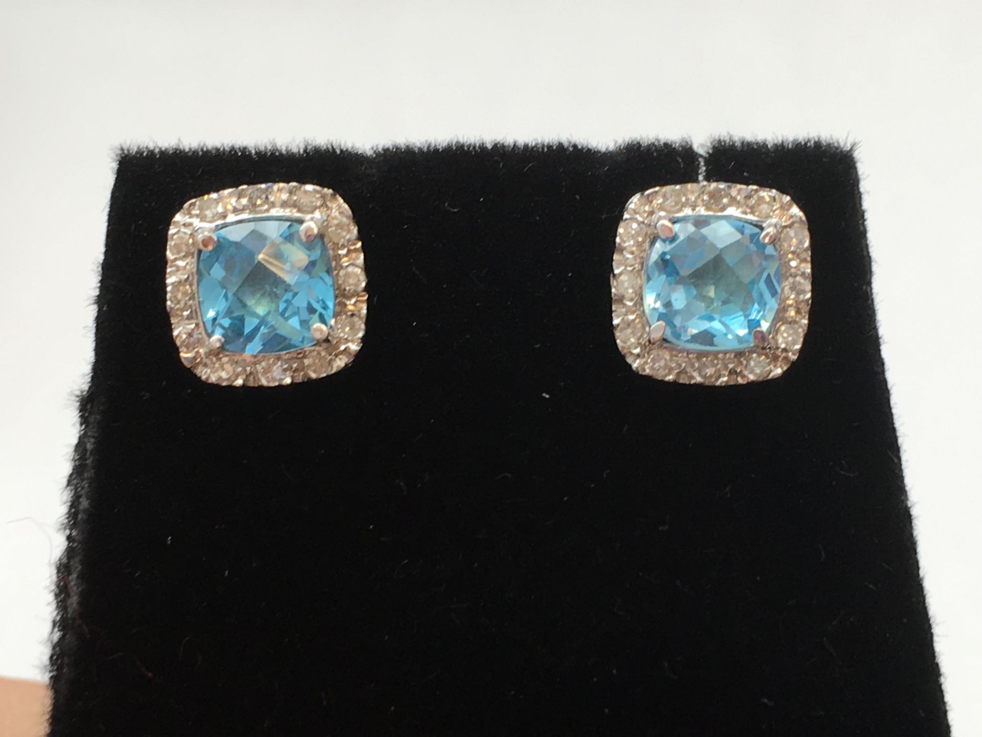 Pair of ladies gold and diamond earrings set with a centre blue topaz - Image 3 of 4