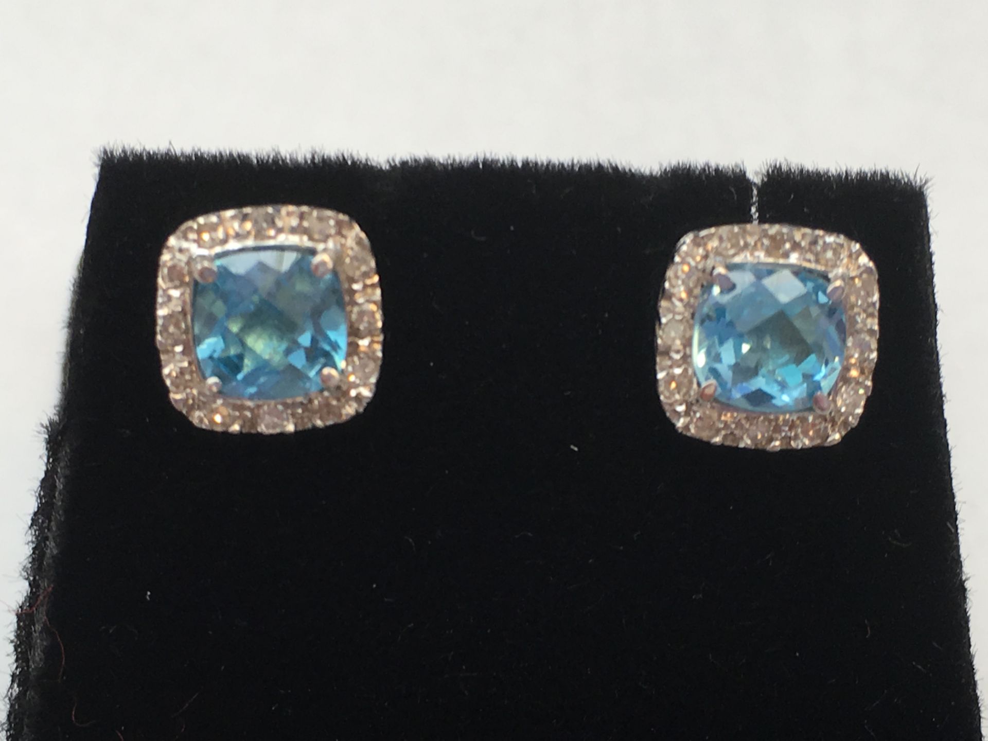 Pair of ladies gold and diamond earrings set with a centre blue topaz - Image 2 of 4