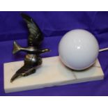 Art Deco Lamp With Flying Dove Sculpture And Marble Base