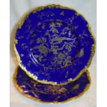 Pair Of Coalport Cabinet Plates In Cobalt Blue With 22ct Gold Edging