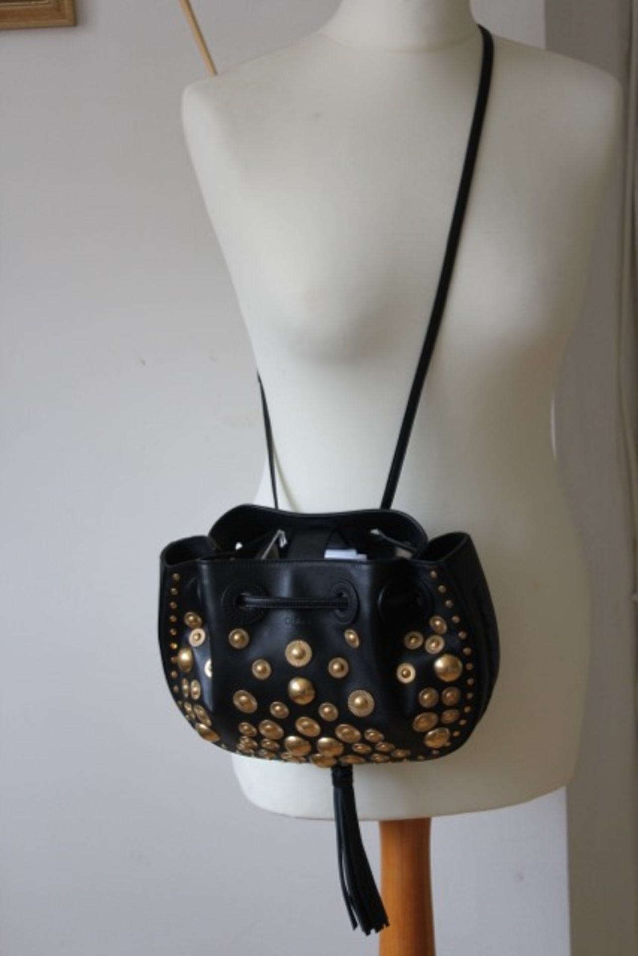 CHLOE Inez small studded textured-leather shoulder bag - Black and Gold