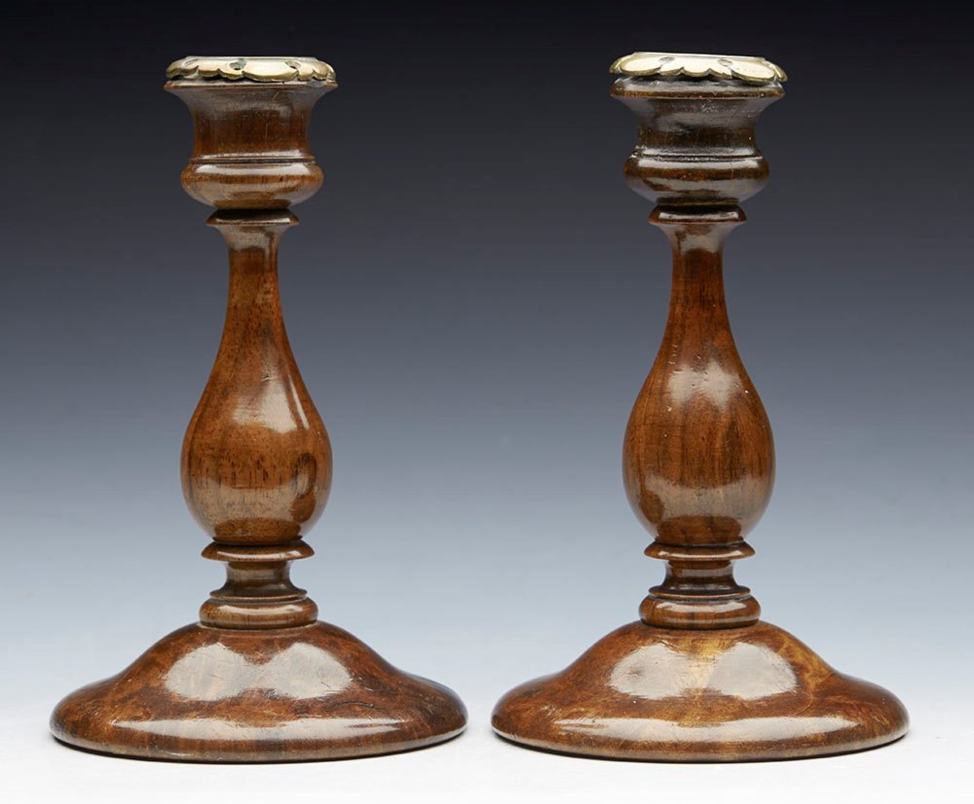 ANTIQUE BRASS MOUNTED TURNED WOOD PEDESTAL CANDLESTICKS 19TH C.