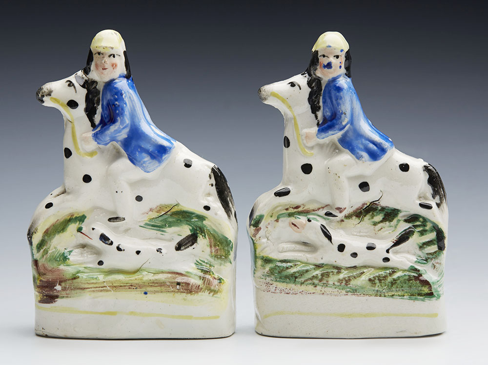 ANTIQUE PAIR STAFFORDSHIRE HUNTER AND DOG FIGURES 19TH C.