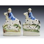 ANTIQUE PAIR STAFFORDSHIRE HUNTER AND DOG FIGURES 19TH C.
