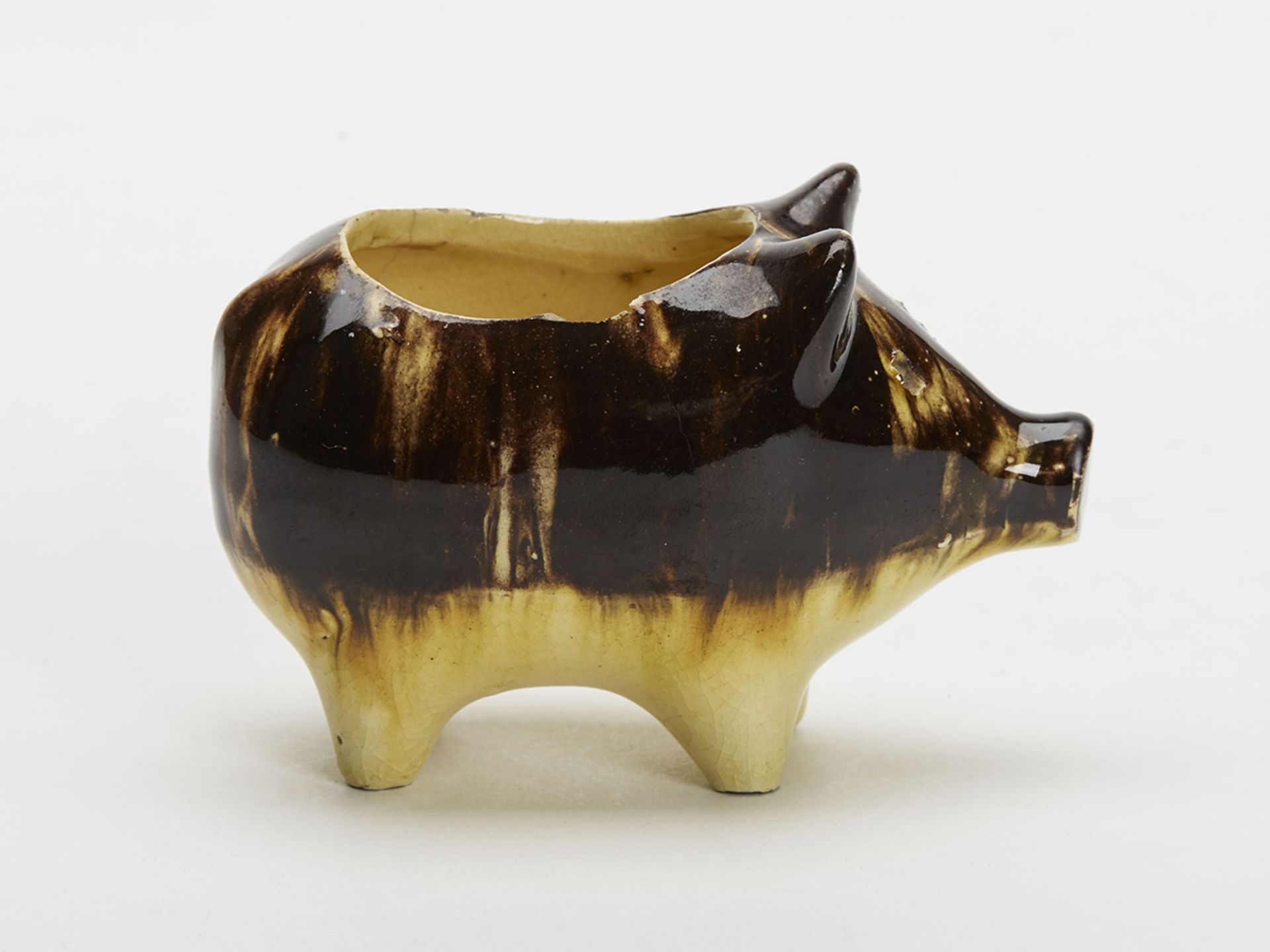 RARE ANTIQUE AGATEWARE POTTERY PIG SALT 19TH C.