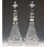 PAIR ANTIQUE BELL SHAPED ENGRAVED DECANTERS 19TH C.