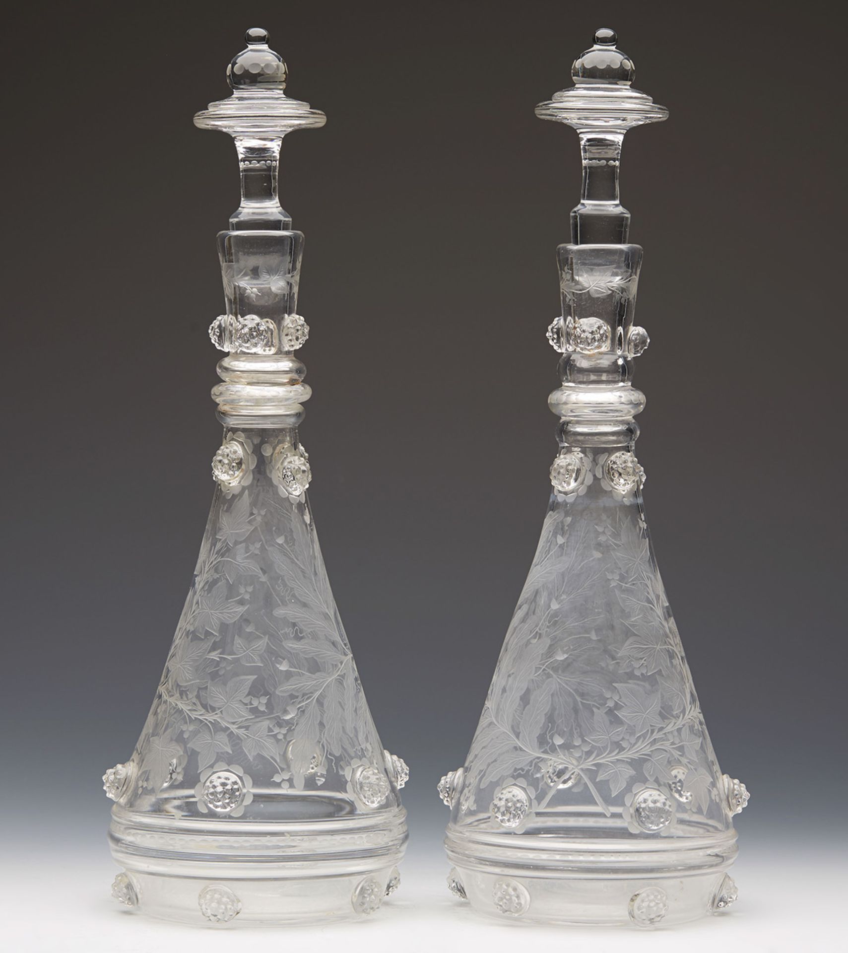 PAIR ANTIQUE BELL SHAPED ENGRAVED DECANTERS 19TH C.