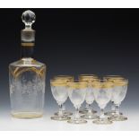 ANTIQUE ENGRAVED & GILDED LIQUEUR SET WITH GLASSES 19TH C.