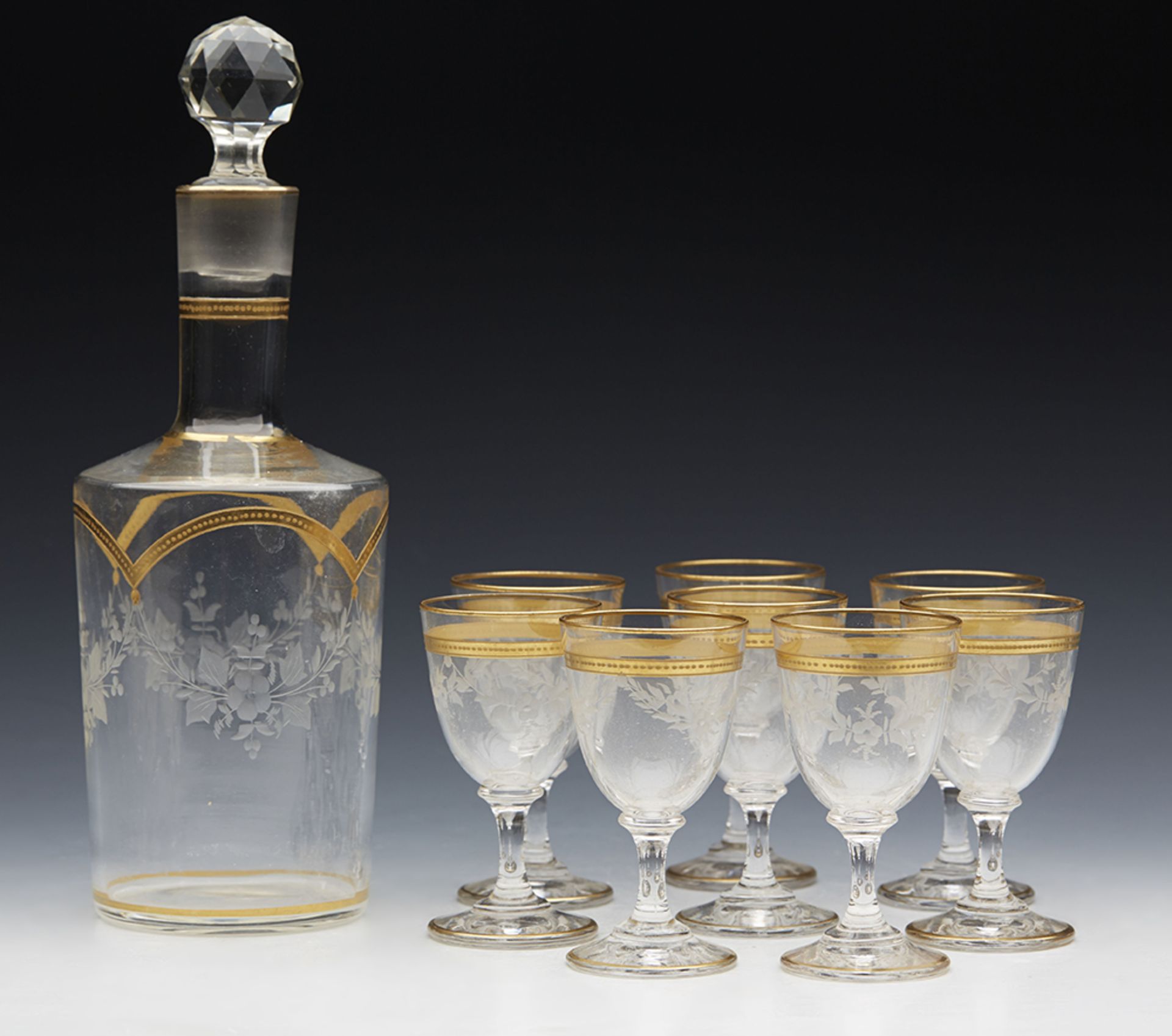 ANTIQUE ENGRAVED & GILDED LIQUEUR SET WITH GLASSES 19TH C.