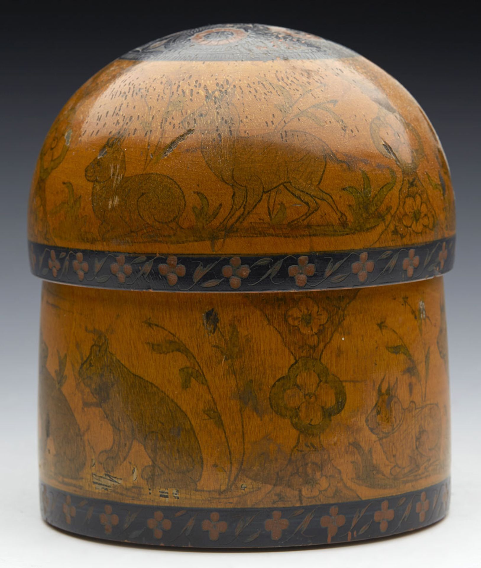 ANTIQUE INDIAN WOODEN LIDDED JAR PAINTED WITH ANIMALS & FIGURES 19TH C.