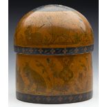 ANTIQUE INDIAN WOODEN LIDDED JAR PAINTED WITH ANIMALS & FIGURES 19TH C.