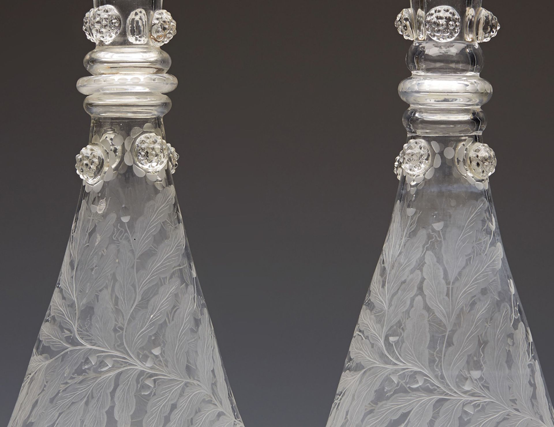 PAIR ANTIQUE BELL SHAPED ENGRAVED DECANTERS 19TH C. - Image 6 of 7