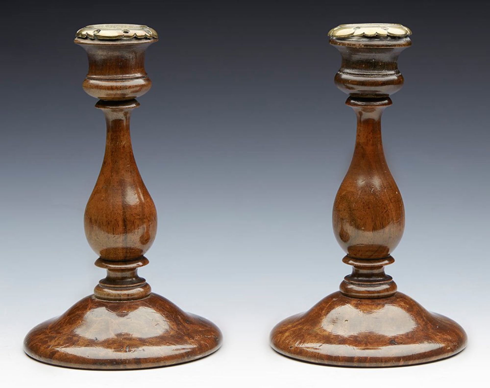 ANTIQUE BRASS MOUNTED TURNED WOOD PEDESTAL CANDLESTICKS 19TH C. - Image 4 of 7