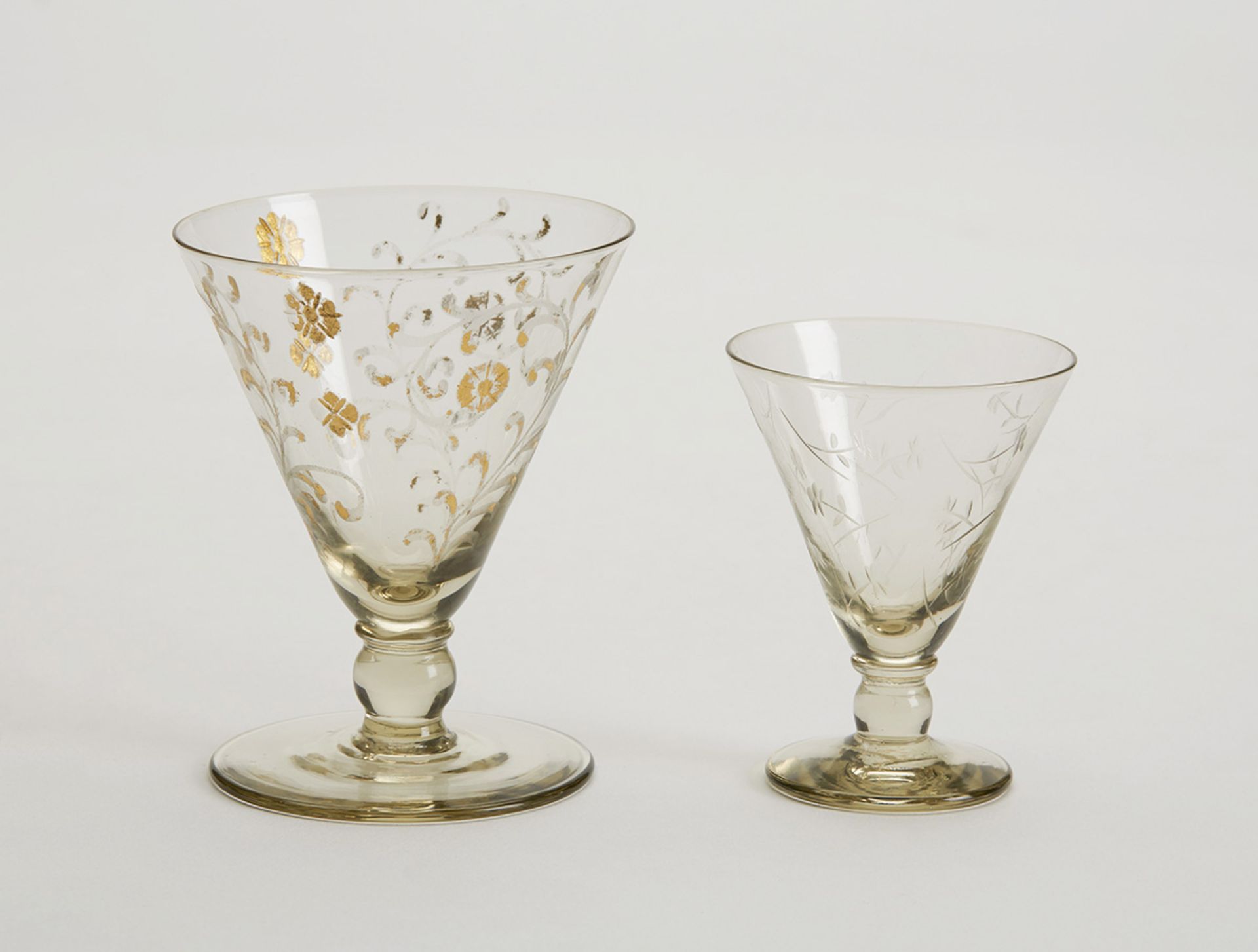 TWO CONTINENTAL ENGRAVED ETCHED WINE GLASSES 20TH C.