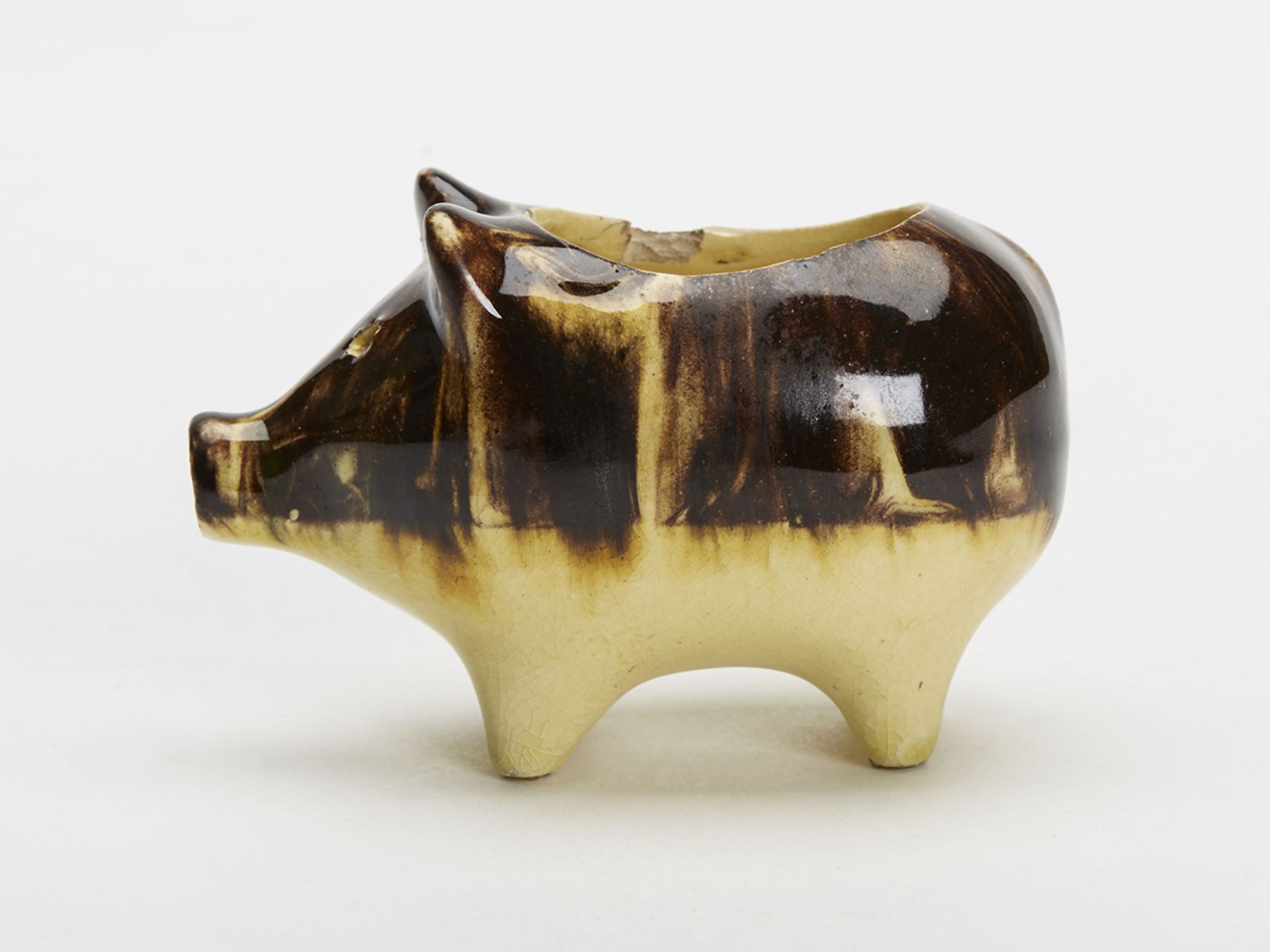 RARE ANTIQUE AGATEWARE POTTERY PIG SALT 19TH C. - Image 3 of 7