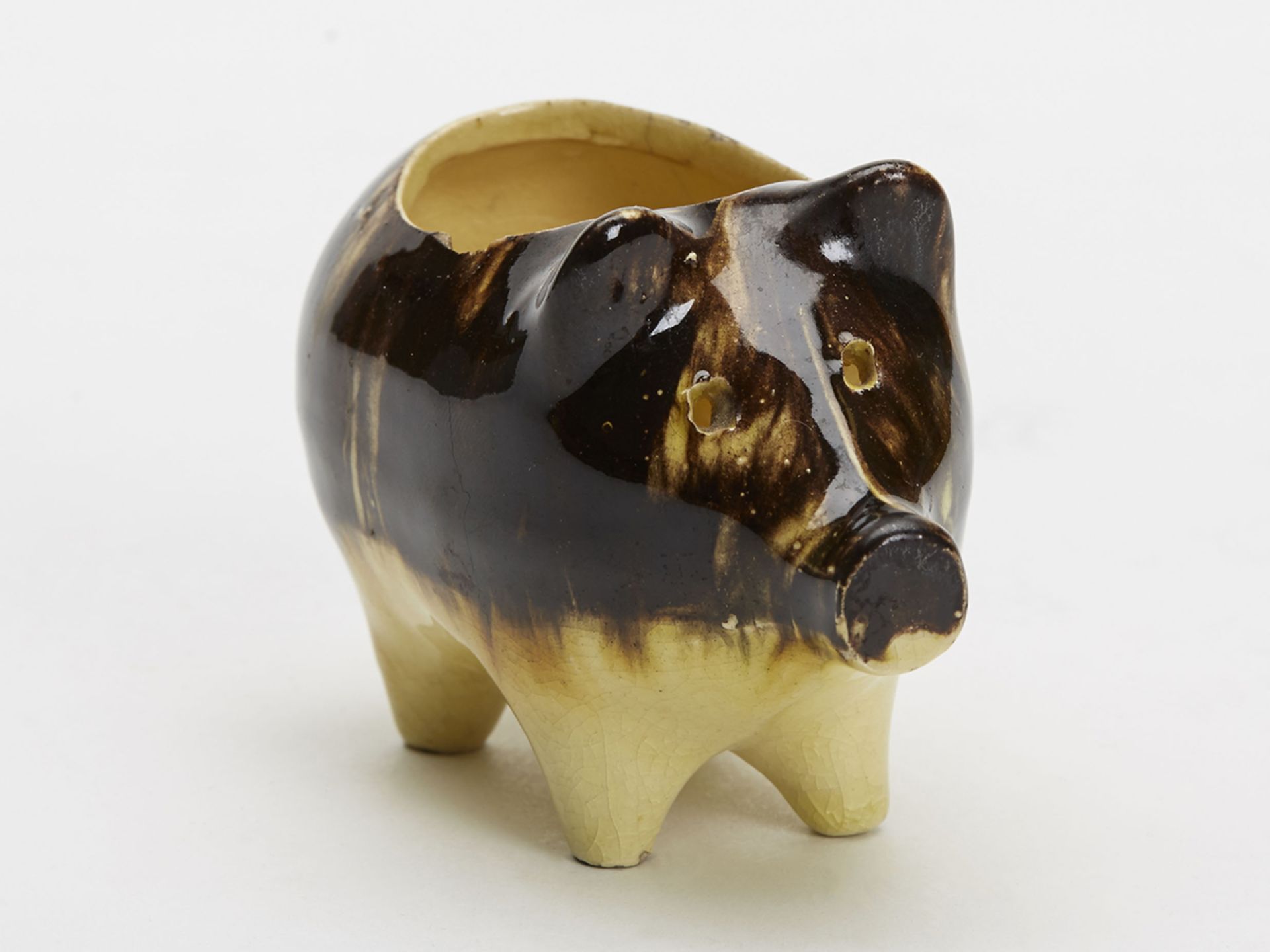 RARE ANTIQUE AGATEWARE POTTERY PIG SALT 19TH C. - Image 4 of 7