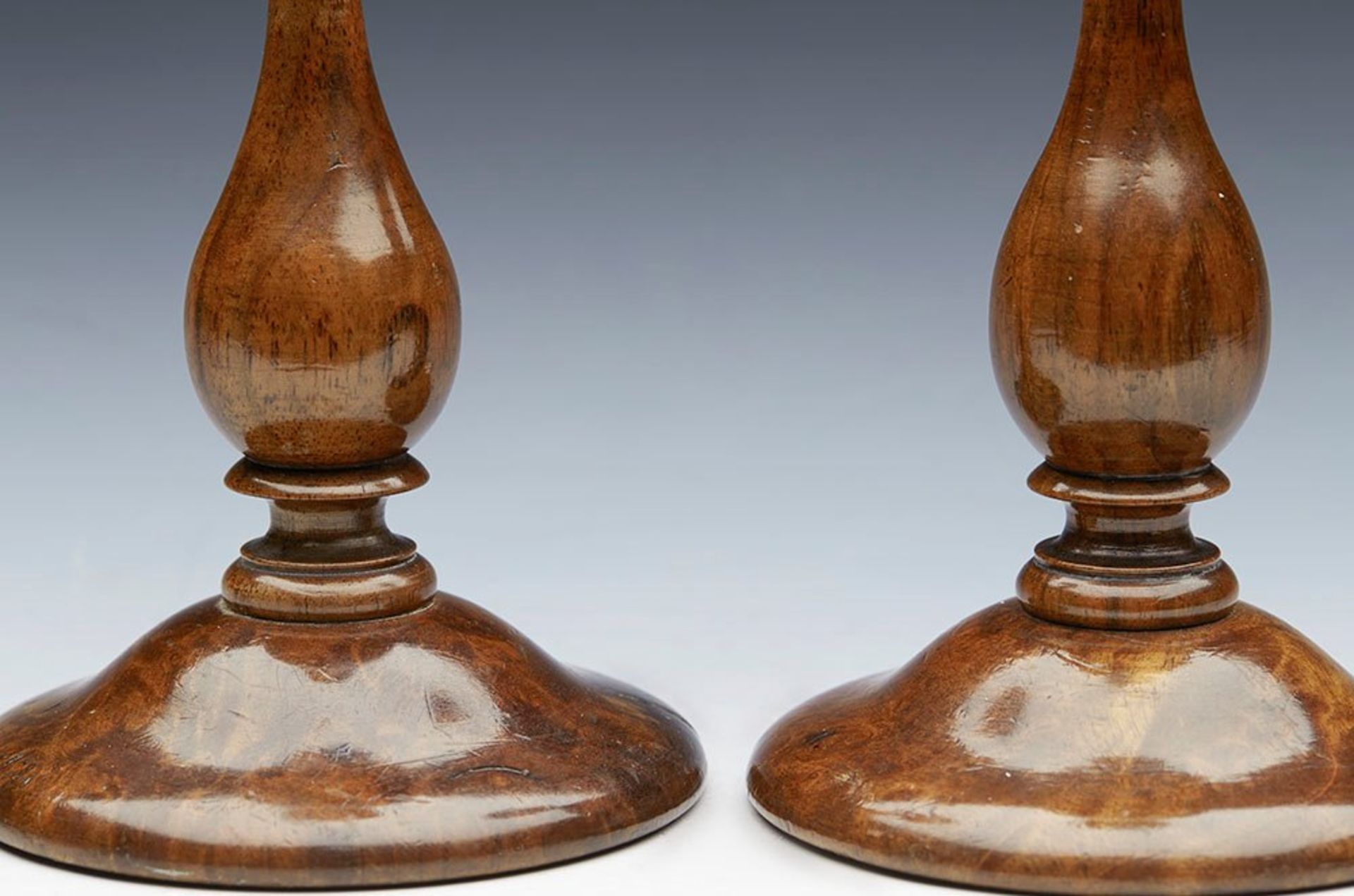 ANTIQUE BRASS MOUNTED TURNED WOOD PEDESTAL CANDLESTICKS 19TH C. - Image 2 of 7