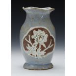 ANTIQUE ASIAN VASE WITH CARVED HAWTHORN & PEONY 19TH C.