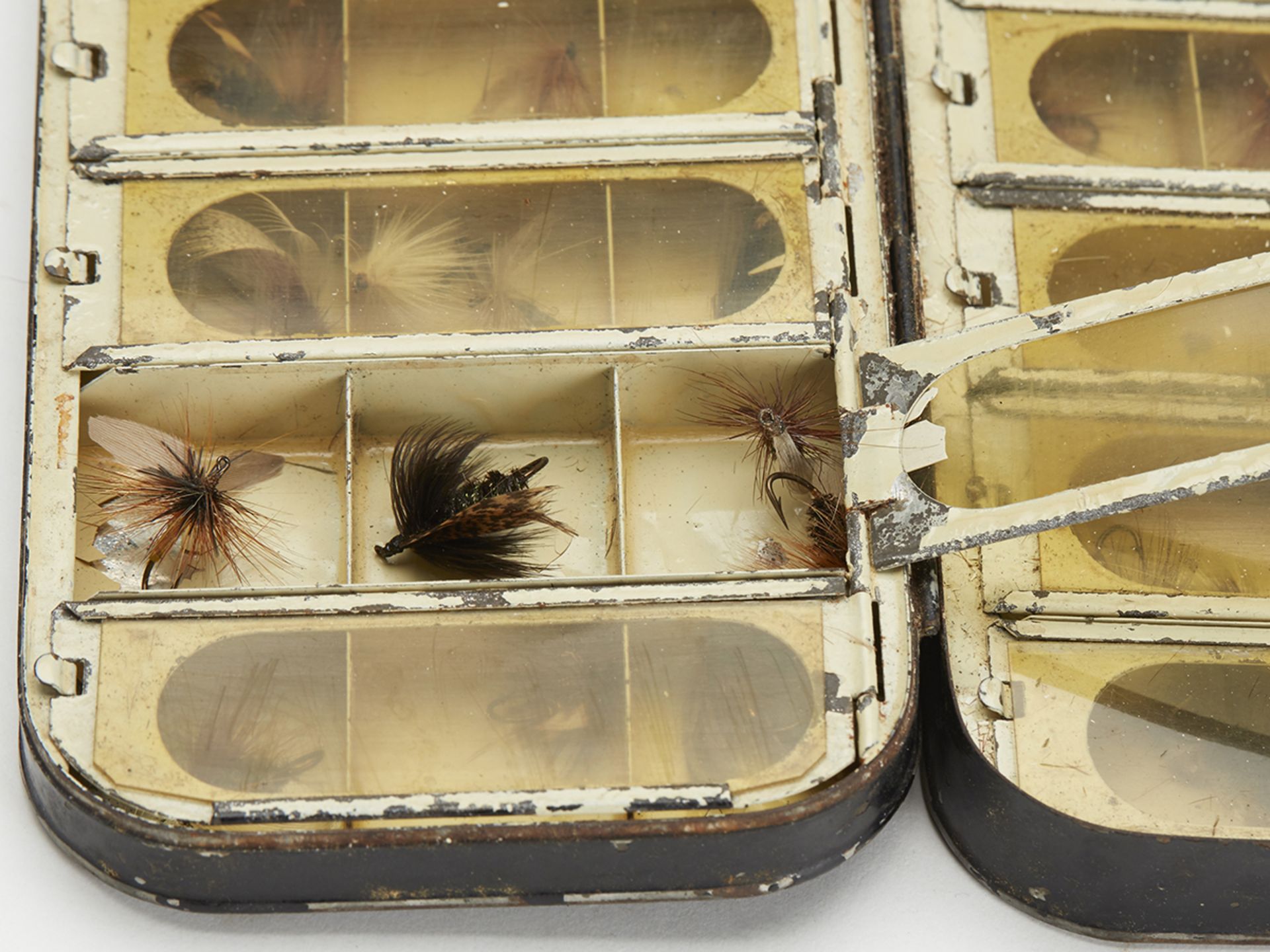 VINTAGE FOLDING METAL FLY FISHING BOX WITH 64 FLIES 20TH C. - Image 3 of 9