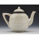 ANTIQUE MINIATURE SALT GLAZED TEAPOT WITH MOULDED DESIGNS 18/19TH C.