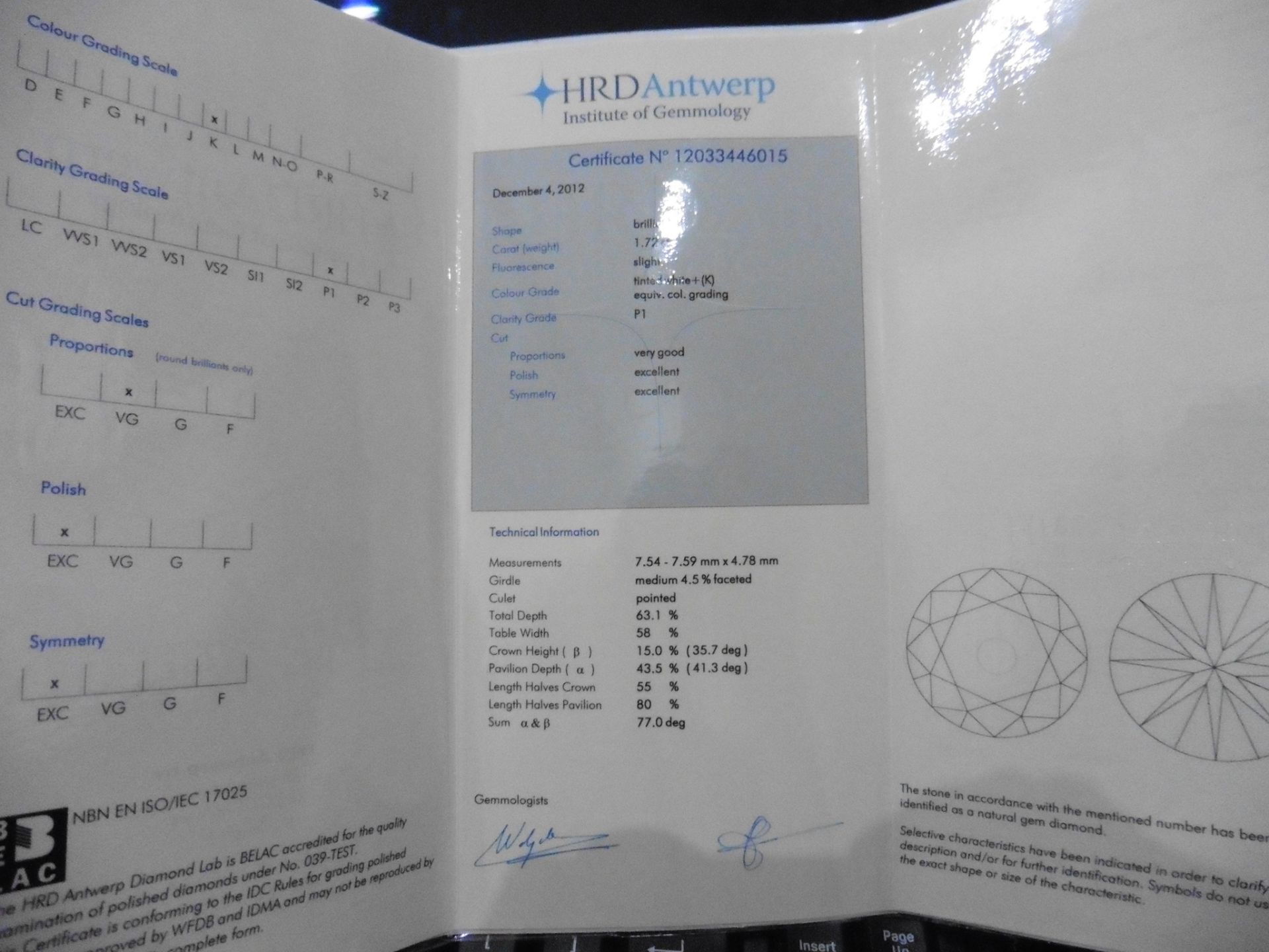 1.72ct brilliant cut diamond solitaire ring, K colour, I1 clarity. Measurements: 7.54x7.59x4.78. - Image 4 of 5